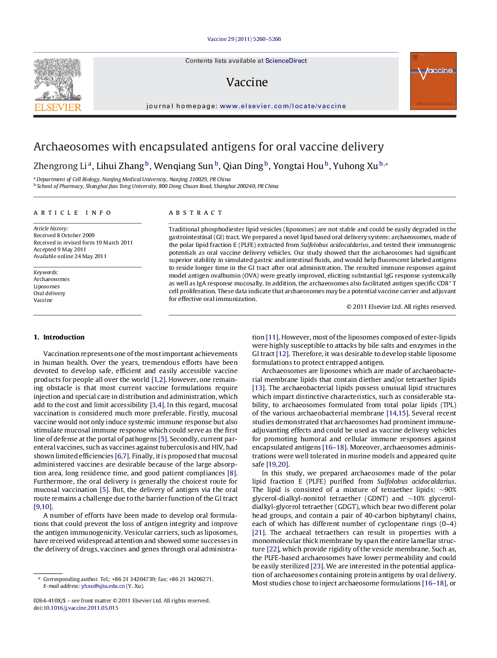 Archaeosomes with encapsulated antigens for oral vaccine delivery