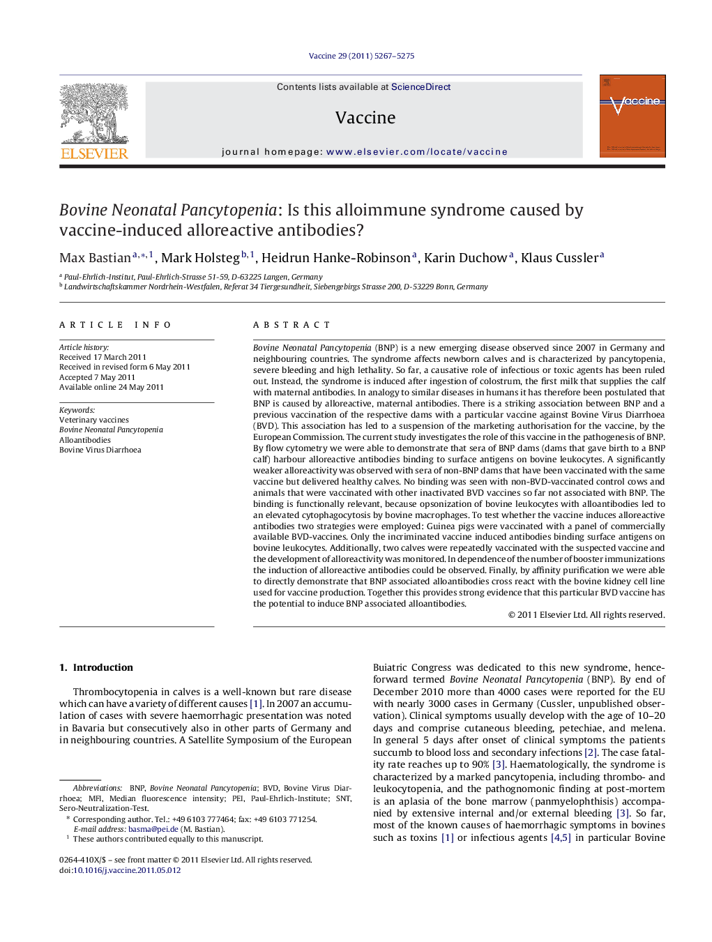 Bovine Neonatal Pancytopenia: Is this alloimmune syndrome caused by vaccine-induced alloreactive antibodies?