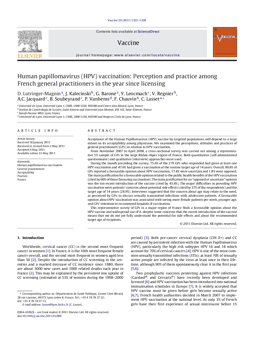 Human papillomavirus (HPV) vaccination: Perception and practice among French general practitioners in the year since licensing