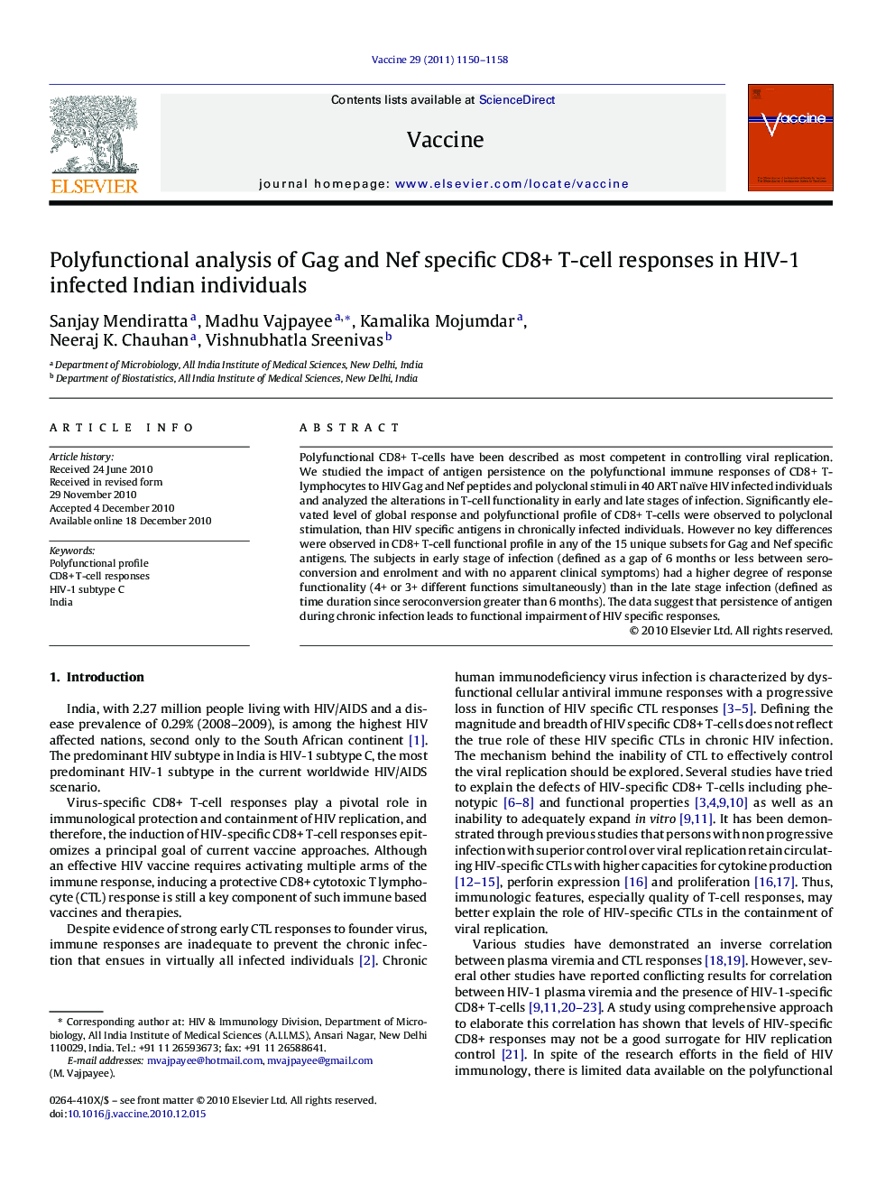 Polyfunctional analysis of Gag and Nef specific CD8+ T-cell responses in HIV-1 infected Indian individuals