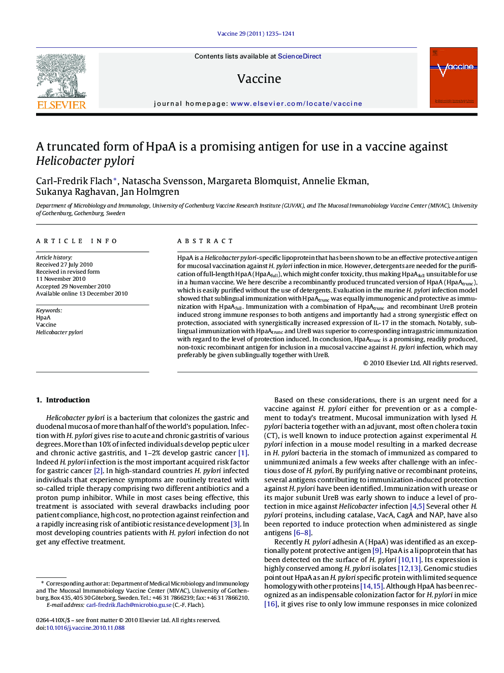 A truncated form of HpaA is a promising antigen for use in a vaccine against Helicobacter pylori