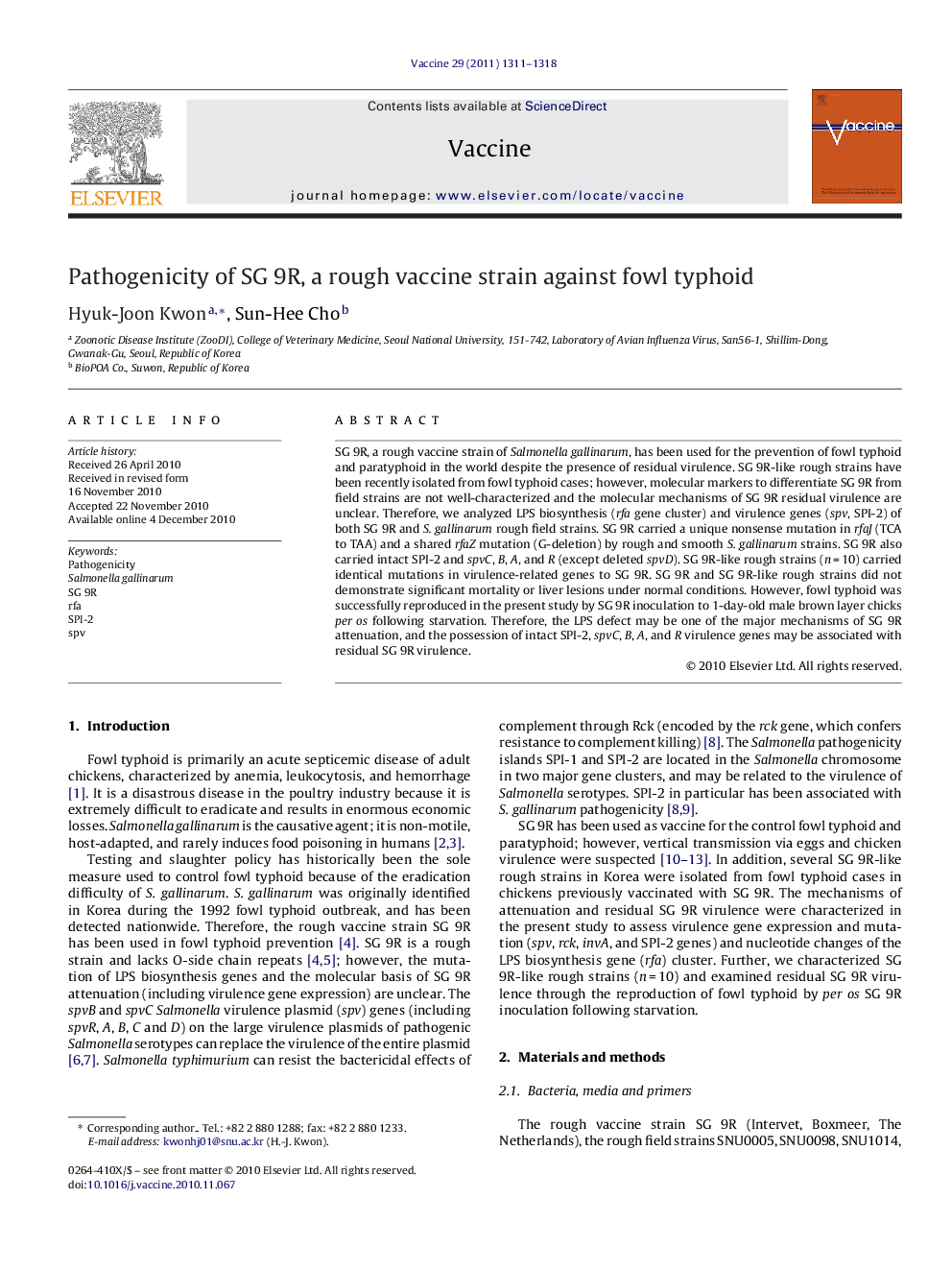 Pathogenicity of SG 9R, a rough vaccine strain against fowl typhoid