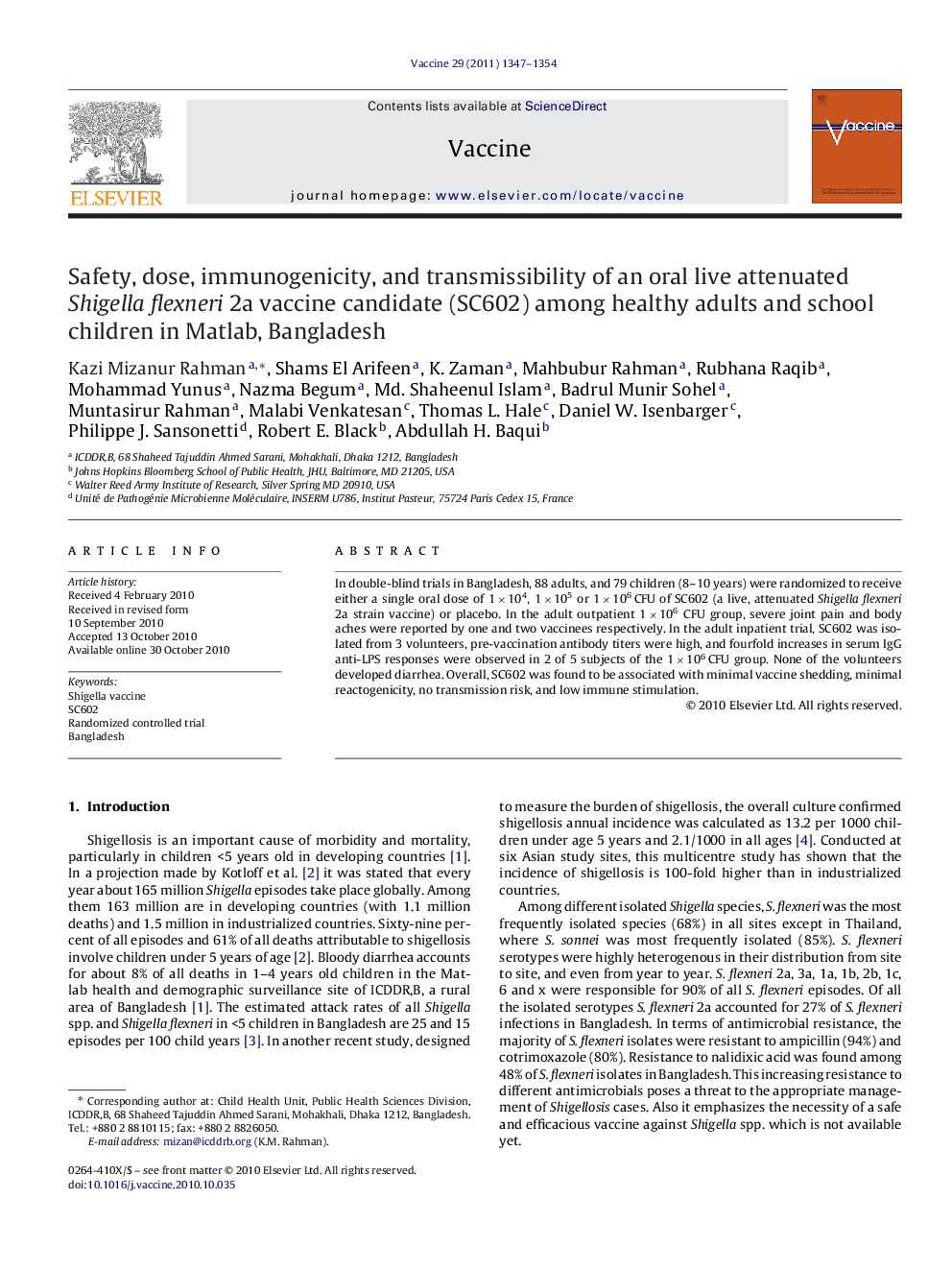 Safety, dose, immunogenicity, and transmissibility of an oral live attenuated Shigella flexneri 2a vaccine candidate (SC602) among healthy adults and school children in Matlab, Bangladesh