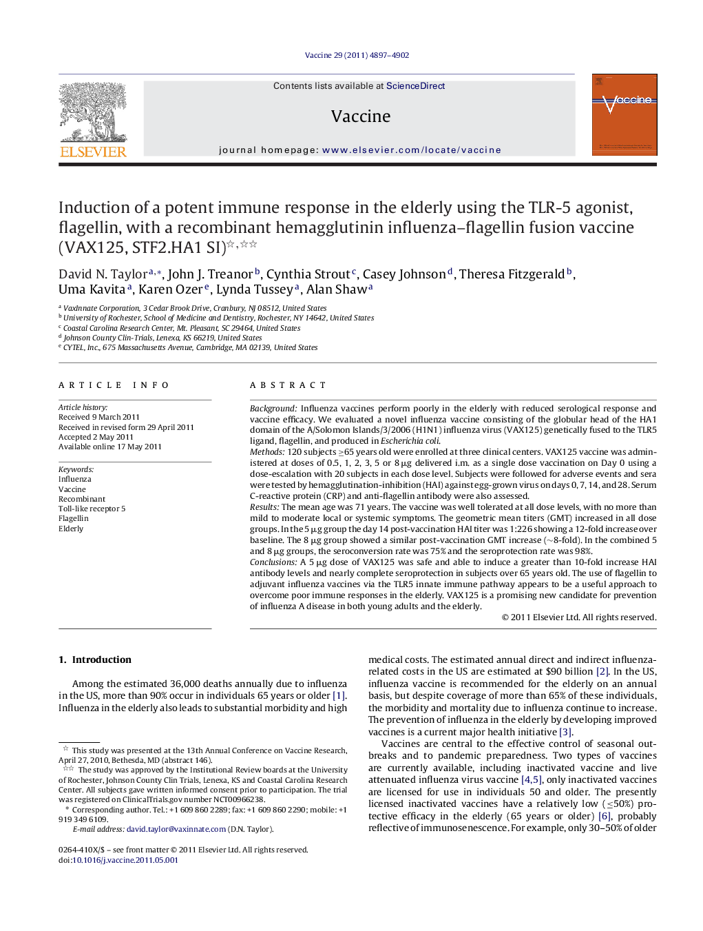 Induction of a potent immune response in the elderly using the TLR-5 agonist, flagellin, with a recombinant hemagglutinin influenza-flagellin fusion vaccine (VAX125, STF2.HA1 SI)