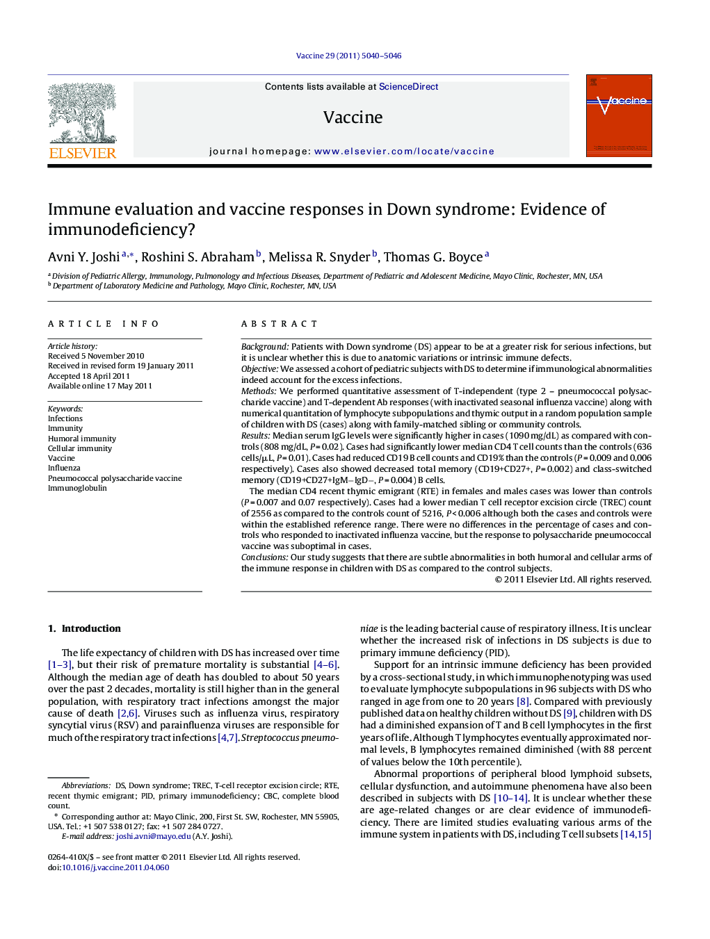 Immune evaluation and vaccine responses in Down syndrome: Evidence of immunodeficiency?