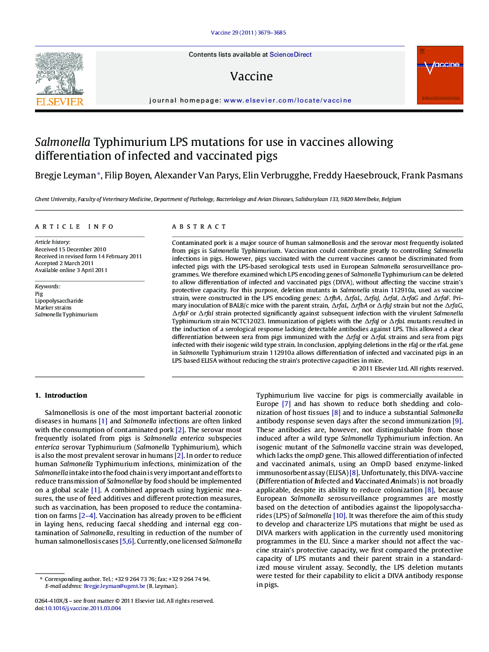 Salmonella Typhimurium LPS mutations for use in vaccines allowing differentiation of infected and vaccinated pigs