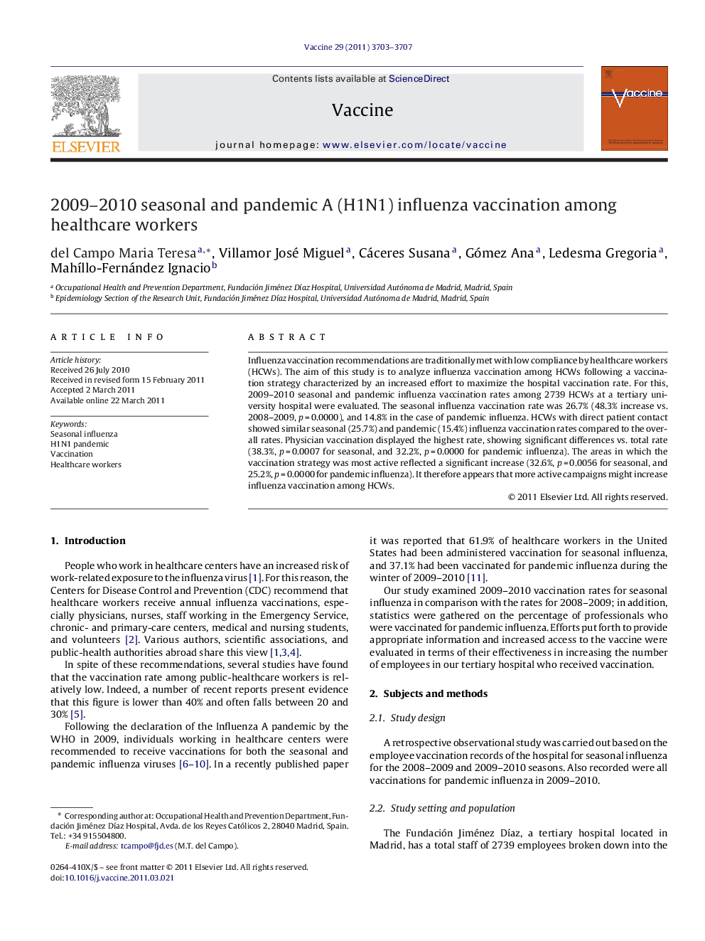 2009-2010 seasonal and pandemic A (H1N1) influenza vaccination among healthcare workers