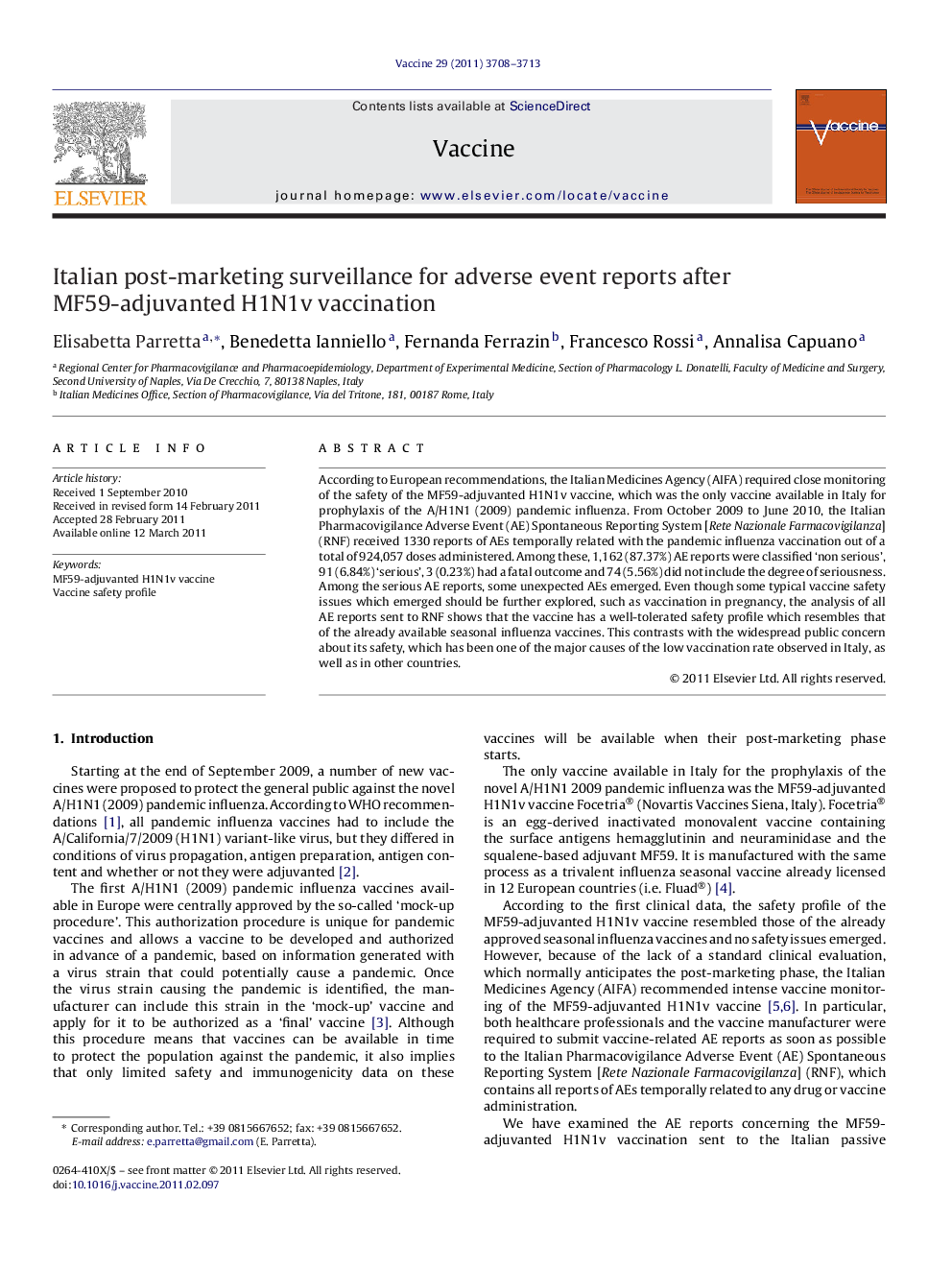 Italian post-marketing surveillance for adverse event reports after MF59-adjuvanted H1N1v vaccination
