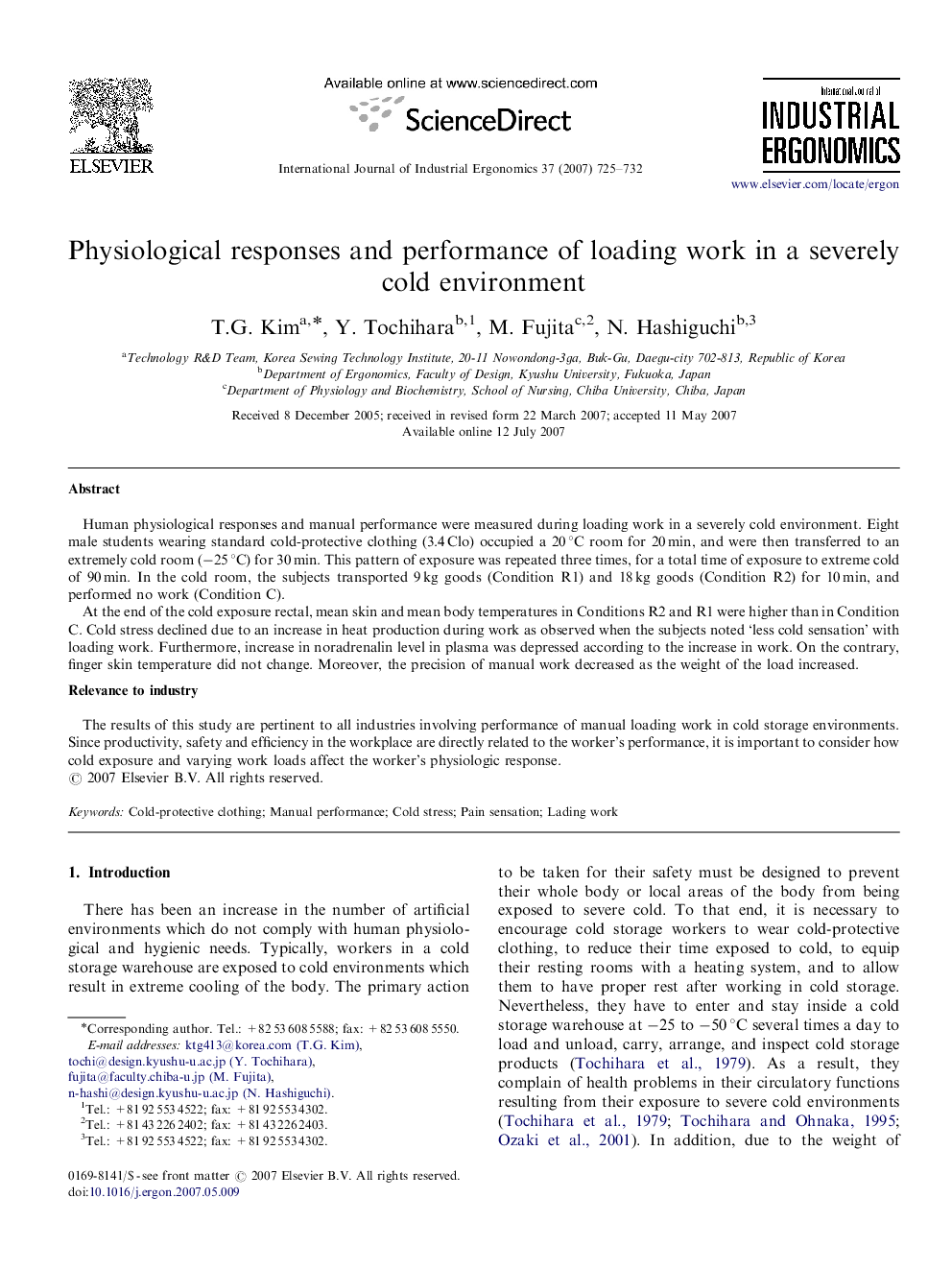 Physiological responses and performance of loading work in a severely cold environment