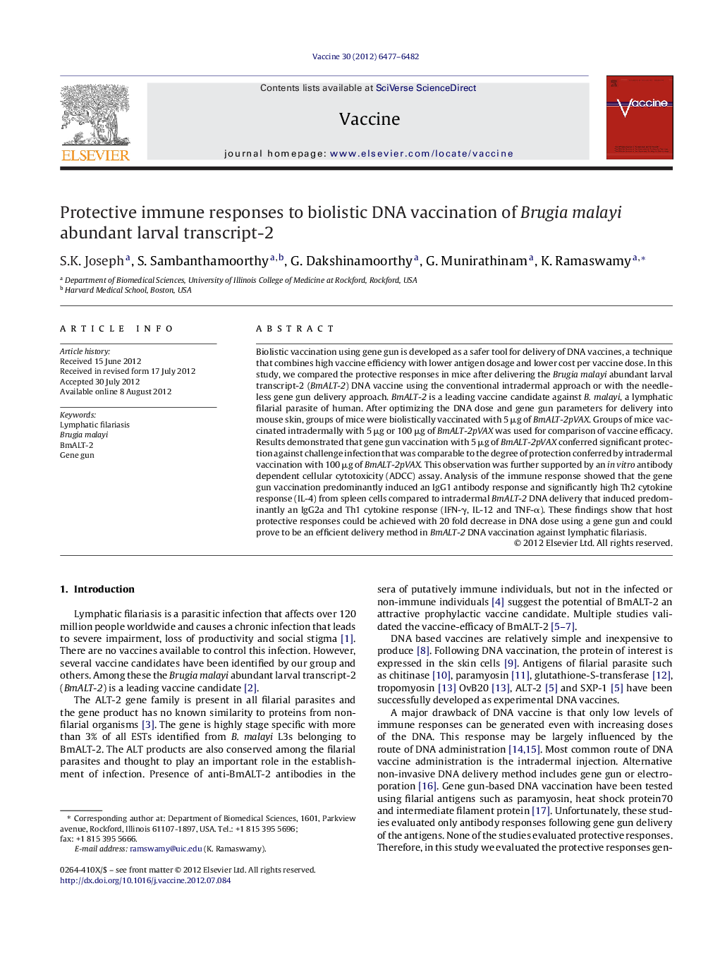 Protective immune responses to biolistic DNA vaccination of Brugia malayi abundant larval transcript-2