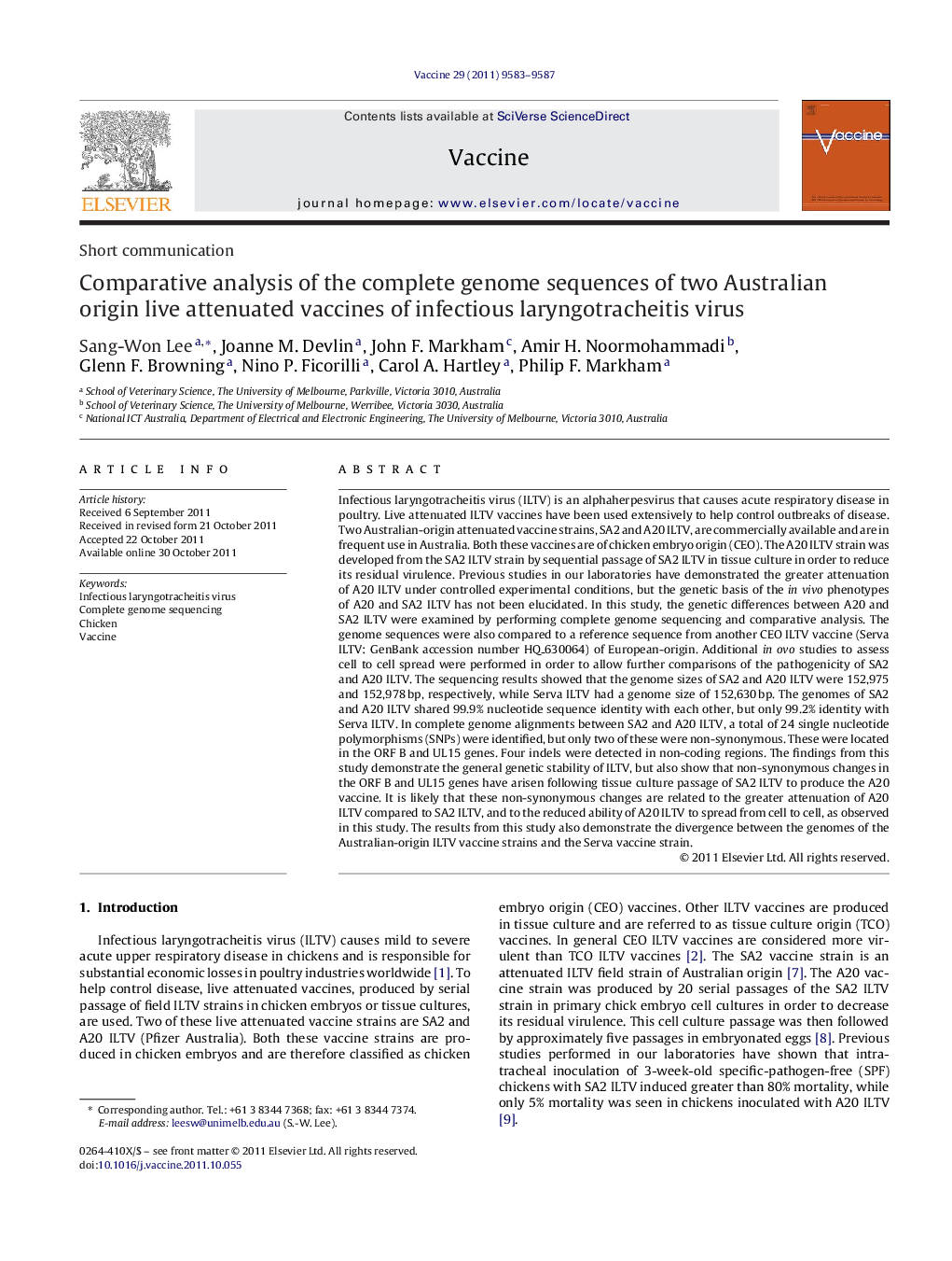 Comparative analysis of the complete genome sequences of two Australian origin live attenuated vaccines of infectious laryngotracheitis virus