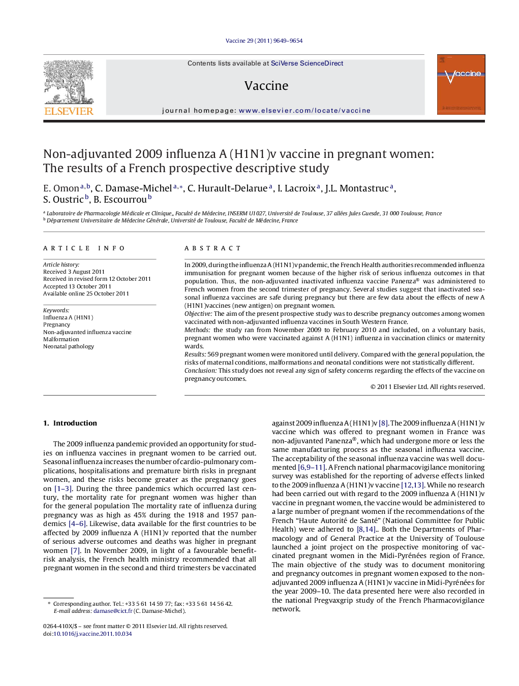 Non-adjuvanted 2009 influenza A (H1N1)v vaccine in pregnant women: The results of a French prospective descriptive study