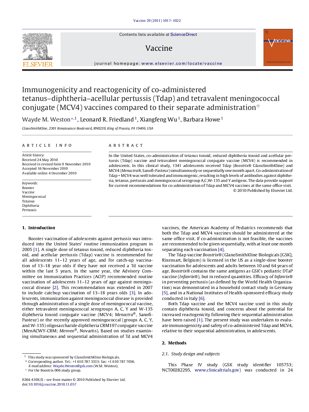 Immunogenicity and reactogenicity of co-administered tetanus-diphtheria-acellular pertussis (Tdap) and tetravalent meningococcal conjugate (MCV4) vaccines compared to their separate administration