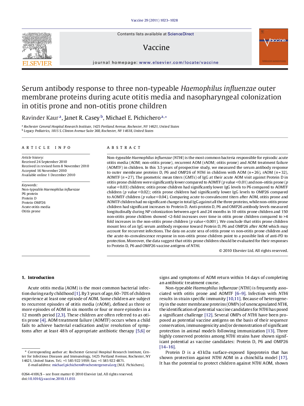 Serum antibody response to three non-typeable Haemophilus influenzae outer membrane proteins during acute otitis media and nasopharyngeal colonization in otitis prone and non-otitis prone children