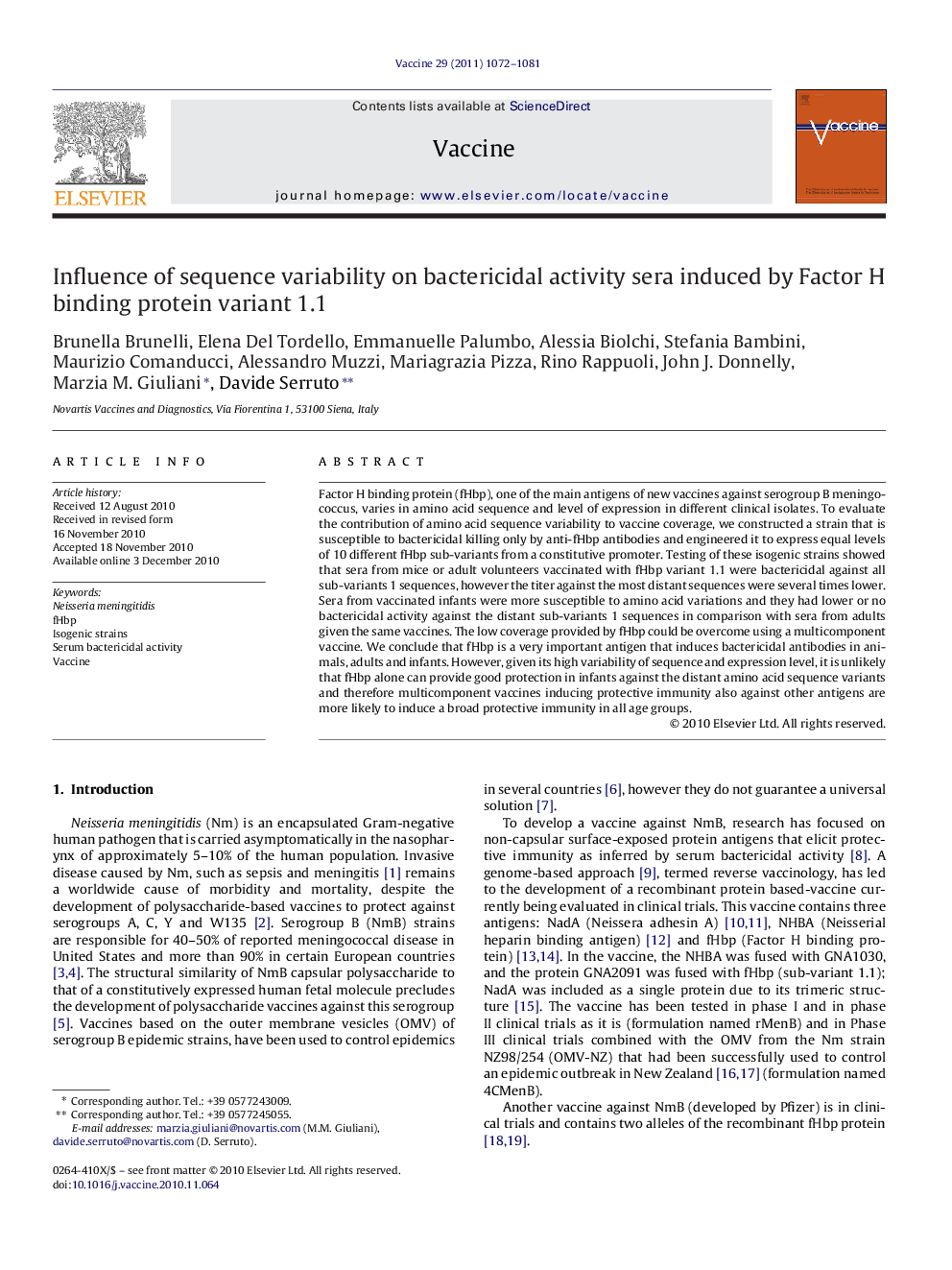 Influence of sequence variability on bactericidal activity sera induced by Factor H binding protein variant 1.1