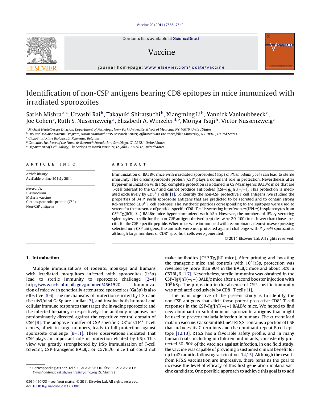 Identification of non-CSP antigens bearing CD8 epitopes in mice immunized with irradiated sporozoites