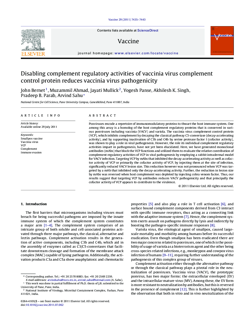 Disabling complement regulatory activities of vaccinia virus complement control protein reduces vaccinia virus pathogenicity