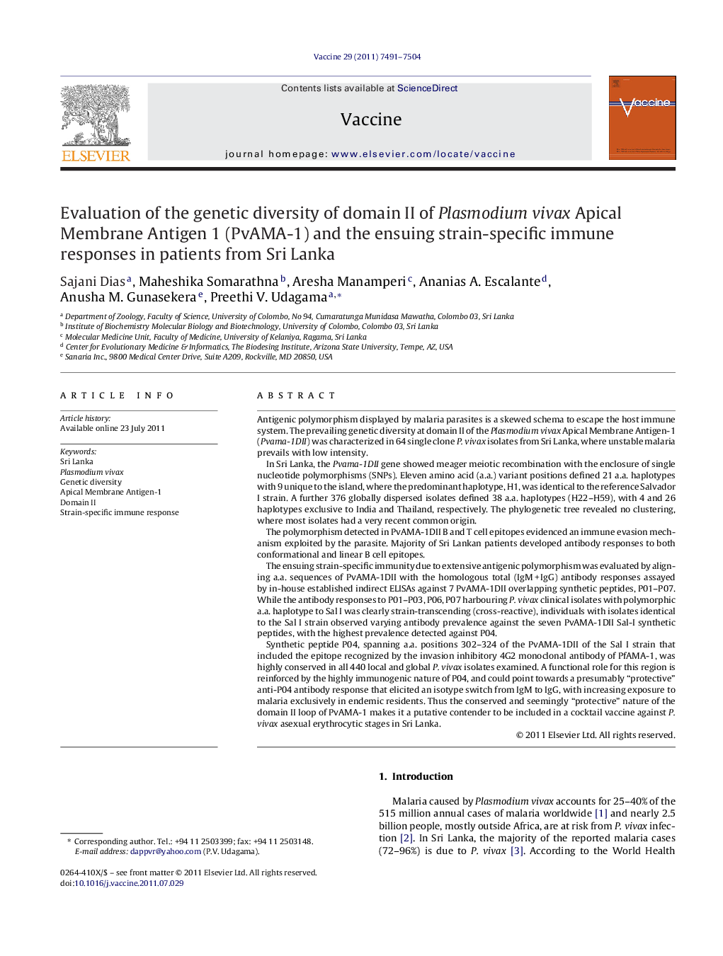 Evaluation of the genetic diversity of domain II of Plasmodium vivax Apical Membrane Antigen 1 (PvAMA-1) and the ensuing strain-specific immune responses in patients from Sri Lanka