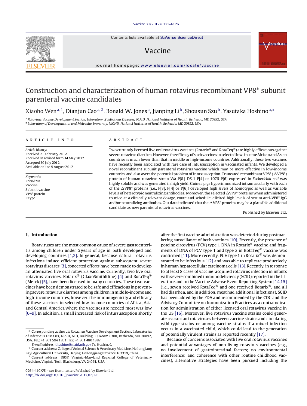 Construction and characterization of human rotavirus recombinant VP8* subunit parenteral vaccine candidates