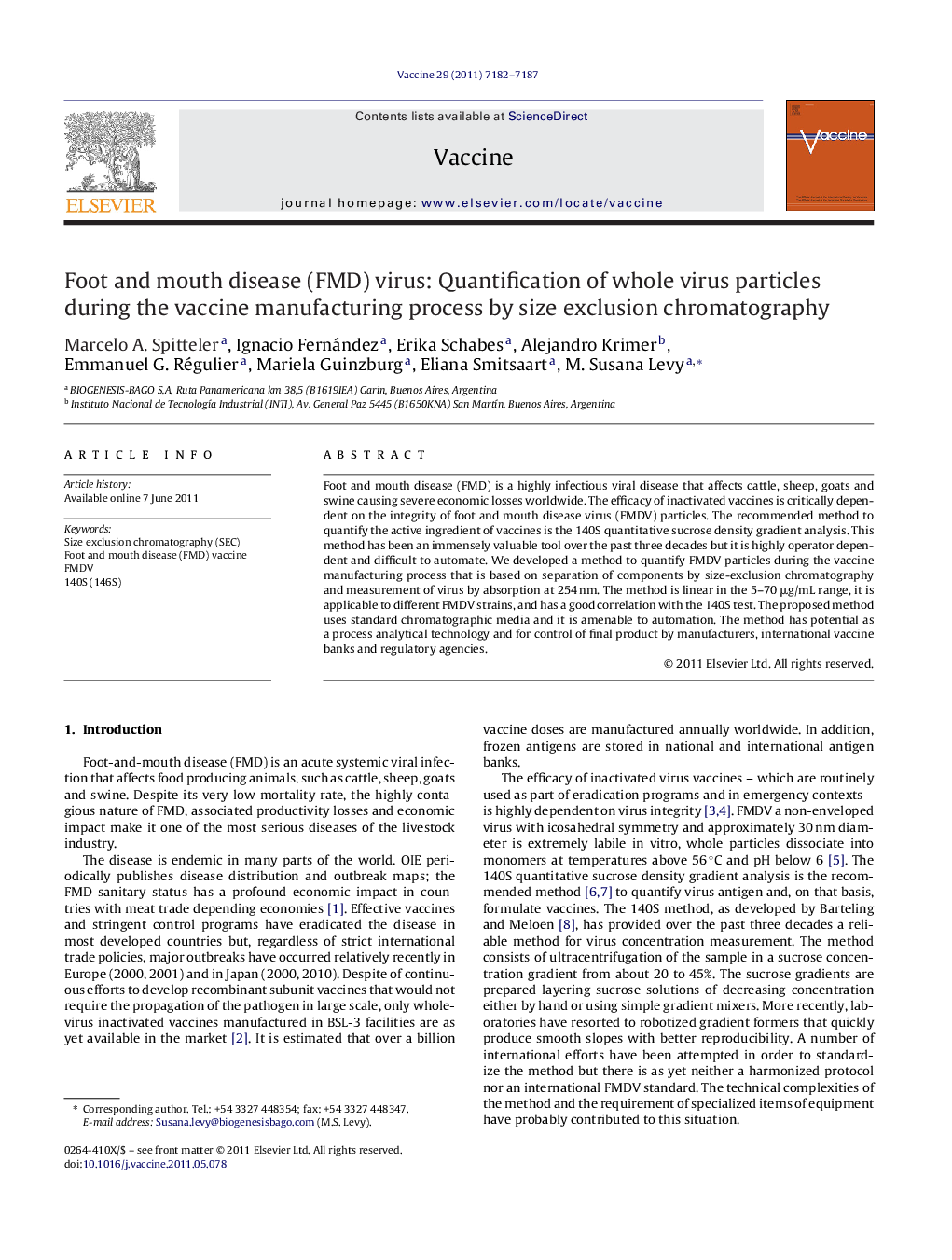 Foot and mouth disease (FMD) virus: Quantification of whole virus particles during the vaccine manufacturing process by size exclusion chromatography