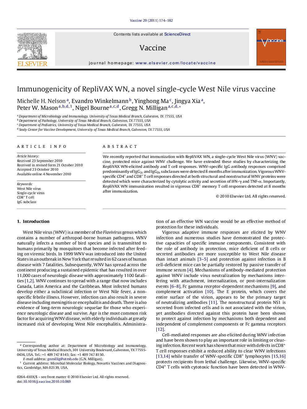 Immunogenicity of RepliVAX WN, a novel single-cycle West Nile virus vaccine