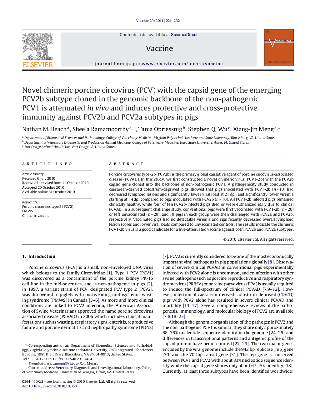 Novel chimeric porcine circovirus (PCV) with the capsid gene of the emerging PCV2b subtype cloned in the genomic backbone of the non-pathogenic PCV1 is attenuated in vivo and induces protective and cross-protective immunity against PCV2b and PCV2a subtype