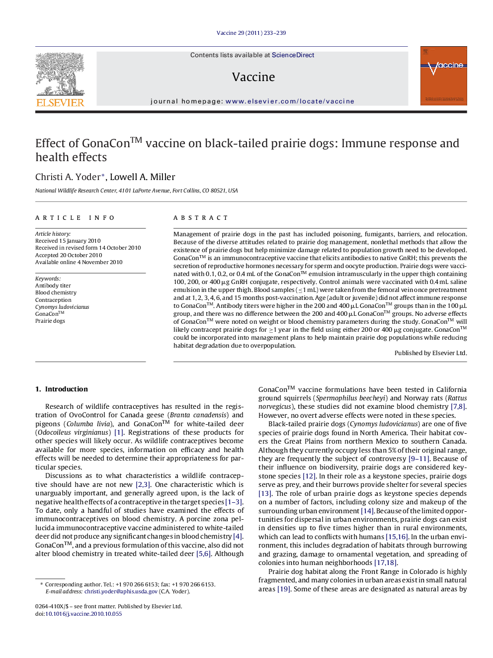 Effect of GonaConâ¢ vaccine on black-tailed prairie dogs: Immune response and health effects