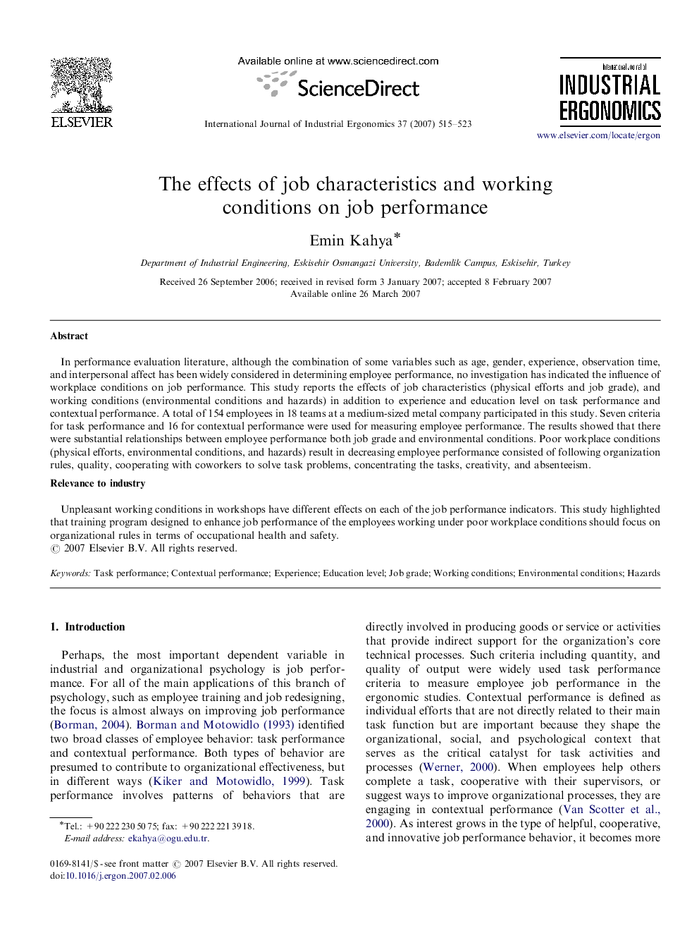 The effects of job characteristics and working conditions on job performance