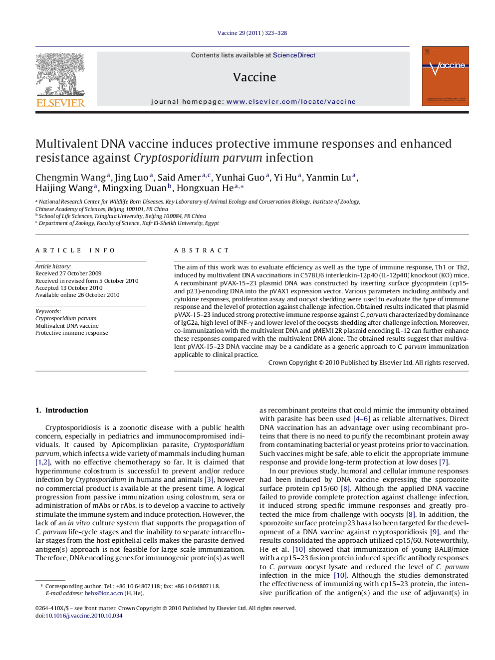 Multivalent DNA vaccine induces protective immune responses and enhanced resistance against Cryptosporidium parvum infection