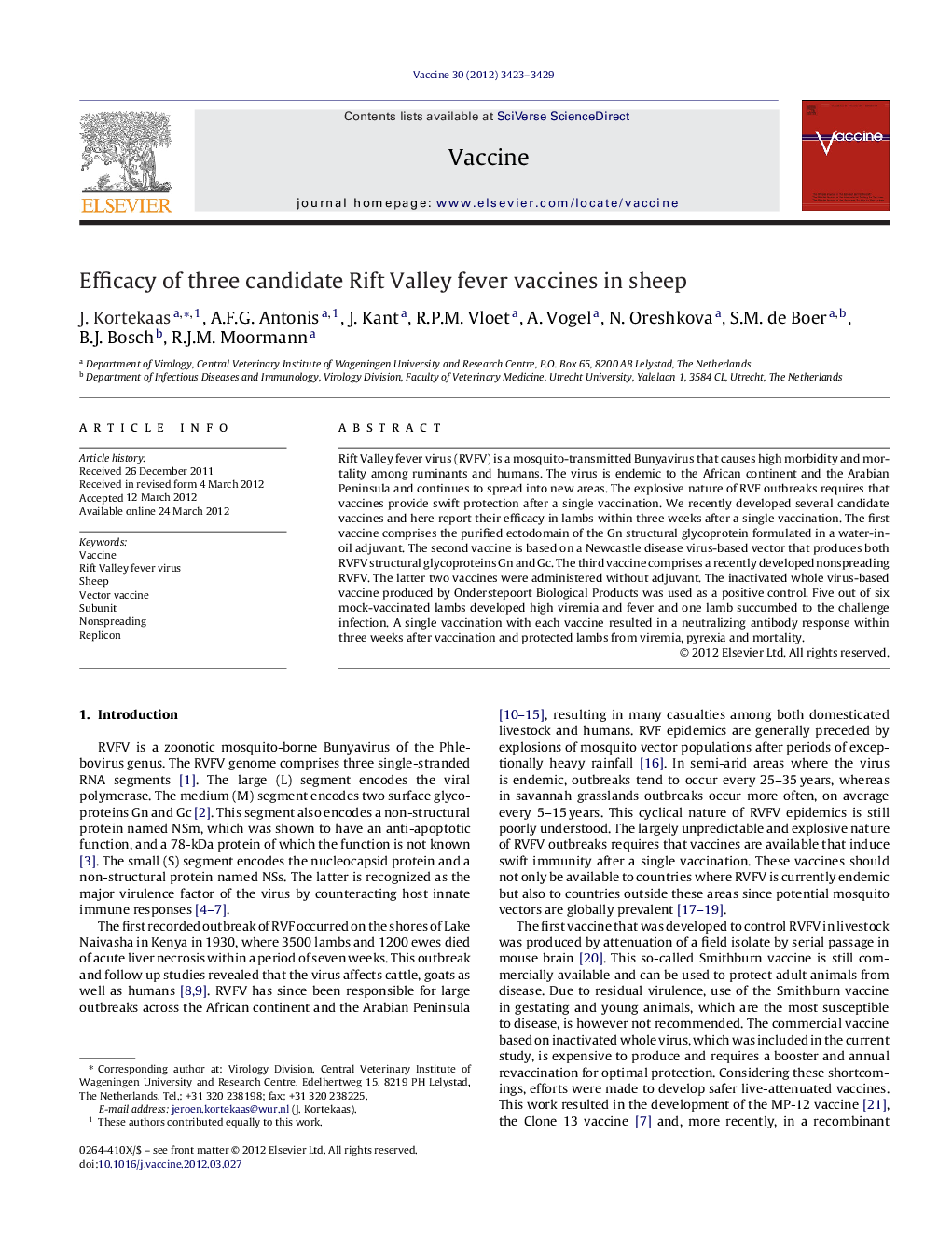 Efficacy of three candidate Rift Valley fever vaccines in sheep