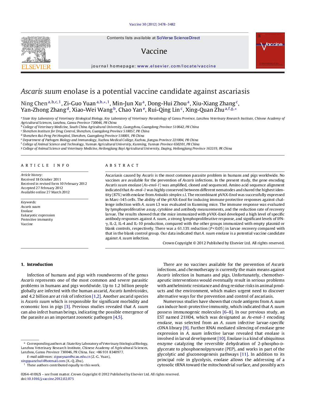 Ascaris suum enolase is a potential vaccine candidate against ascariasis