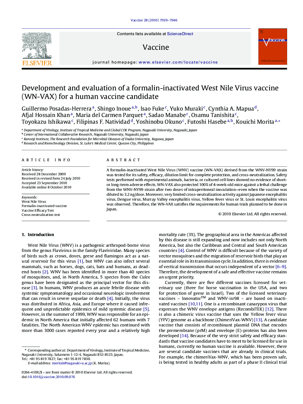 Development and evaluation of a formalin-inactivated West Nile Virus vaccine (WN-VAX) for a human vaccine candidate