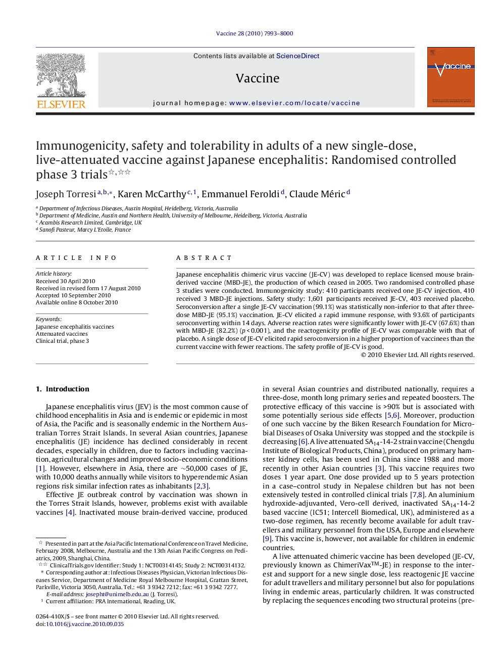 Immunogenicity, safety and tolerability in adults of a new single-dose, live-attenuated vaccine against Japanese encephalitis: Randomised controlled phase 3 trials