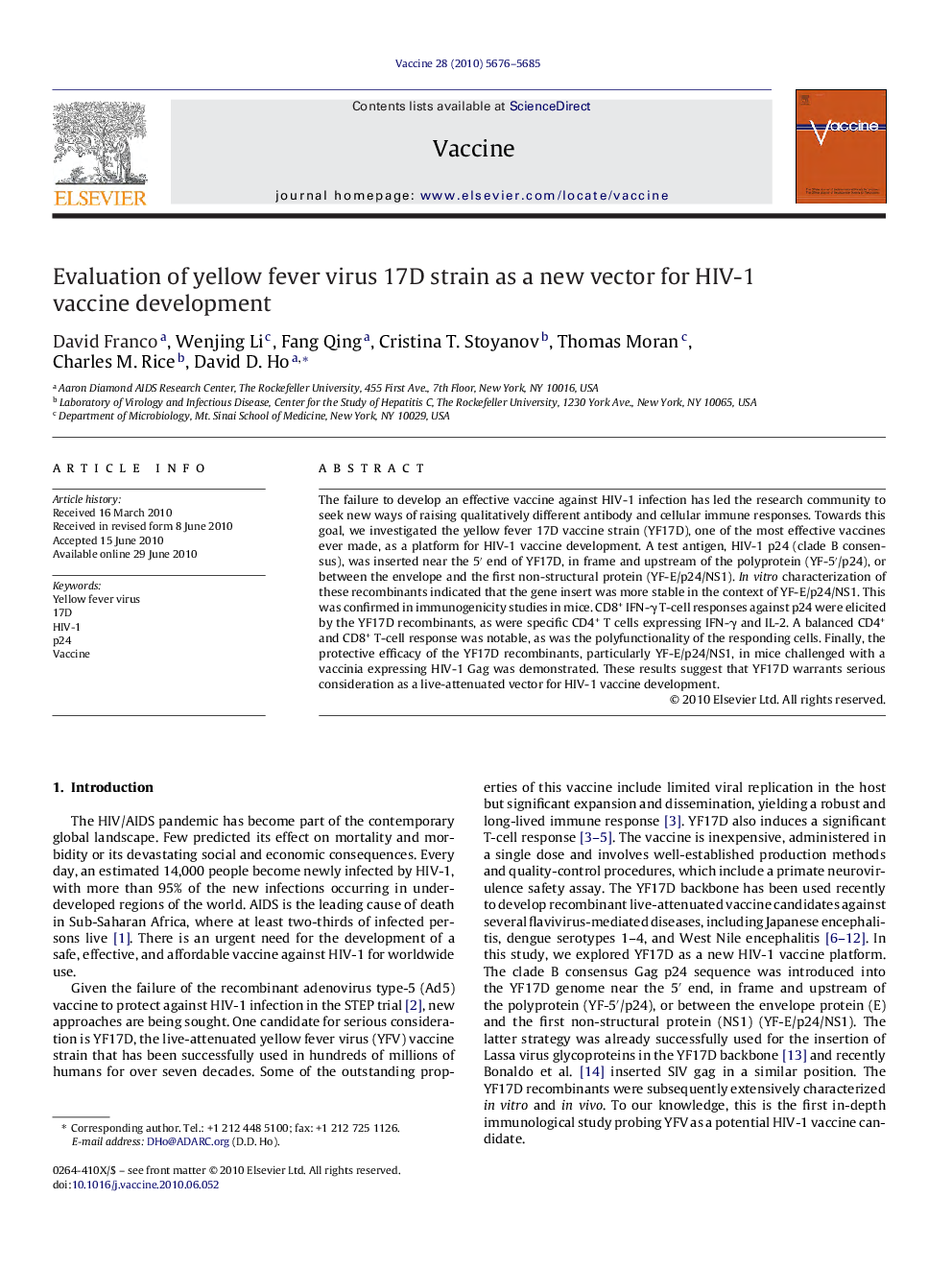 Evaluation of yellow fever virus 17D strain as a new vector for HIV-1 vaccine development