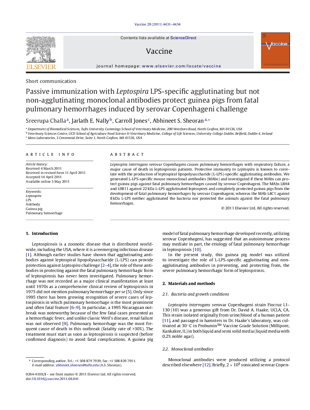 Passive immunization with Leptospira LPS-specific agglutinating but not non-agglutinating monoclonal antibodies protect guinea pigs from fatal pulmonary hemorrhages induced by serovar Copenhageni challenge