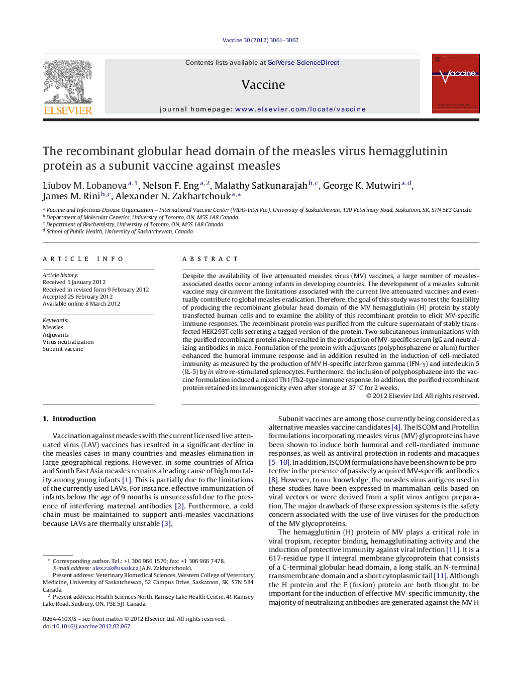 The recombinant globular head domain of the measles virus hemagglutinin protein as a subunit vaccine against measles