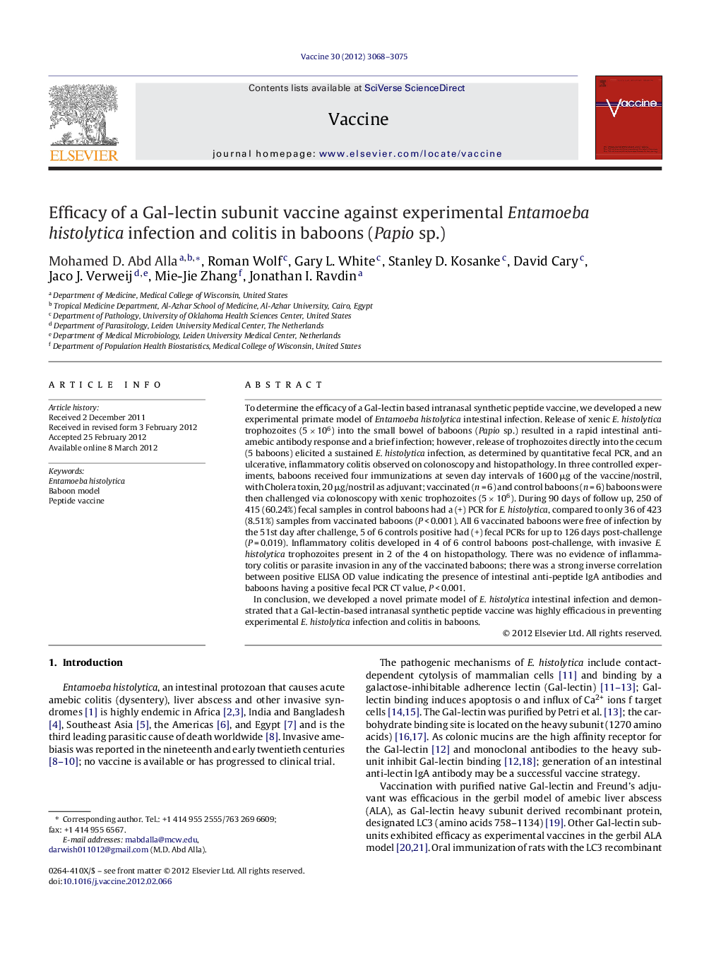 Efficacy of a Gal-lectin subunit vaccine against experimental Entamoeba histolytica infection and colitis in baboons (Papio sp.)