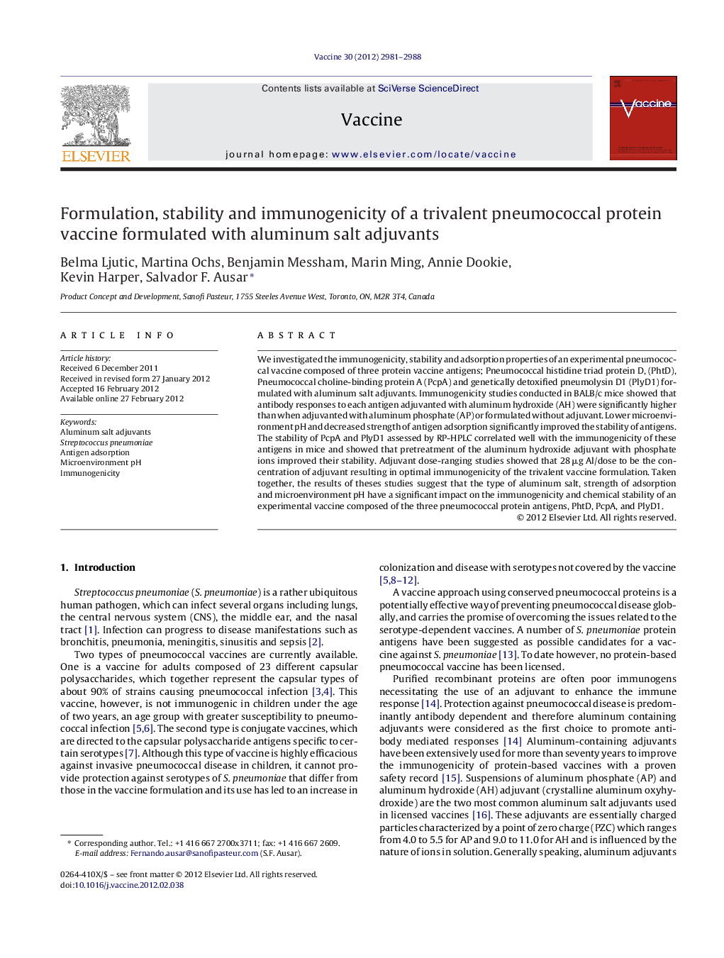 Formulation, stability and immunogenicity of a trivalent pneumococcal protein vaccine formulated with aluminum salt adjuvants