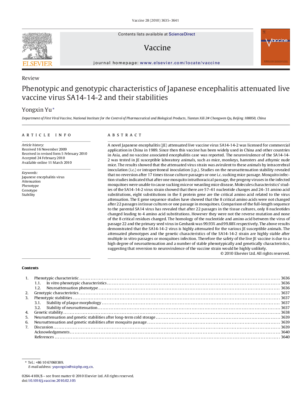 Phenotypic and genotypic characteristics of Japanese encephalitis attenuated live vaccine virus SA14-14-2 and their stabilities