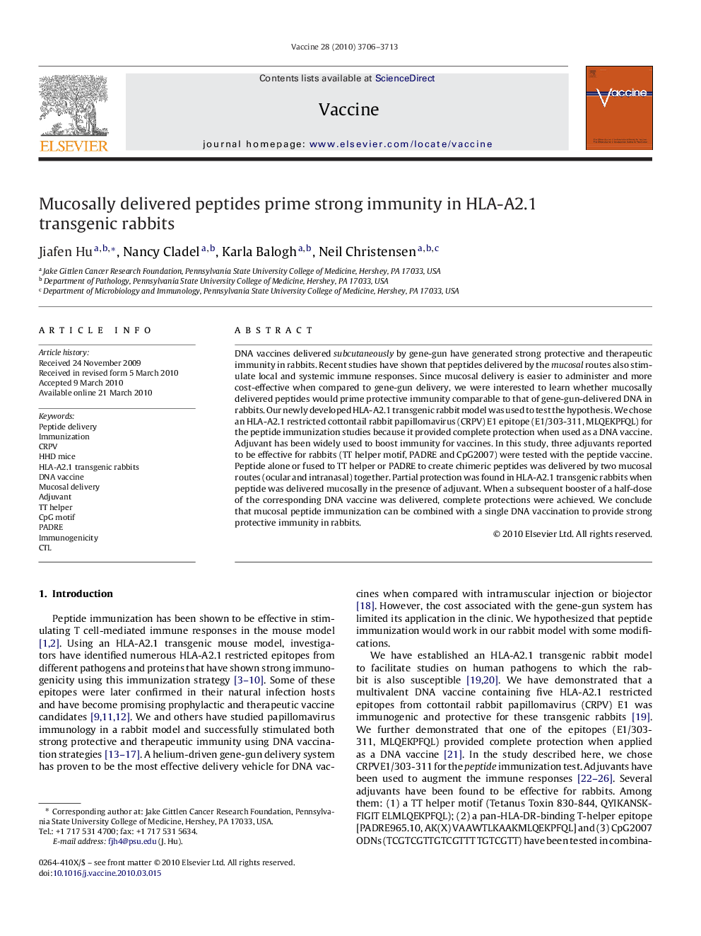 Mucosally delivered peptides prime strong immunity in HLA-A2.1 transgenic rabbits