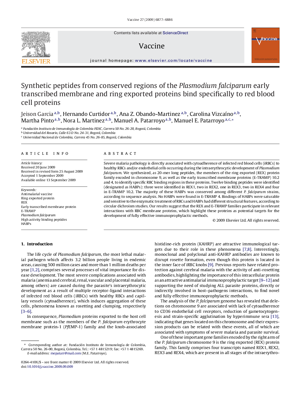 Synthetic peptides from conserved regions of the Plasmodium falciparum early transcribed membrane and ring exported proteins bind specifically to red blood cell proteins