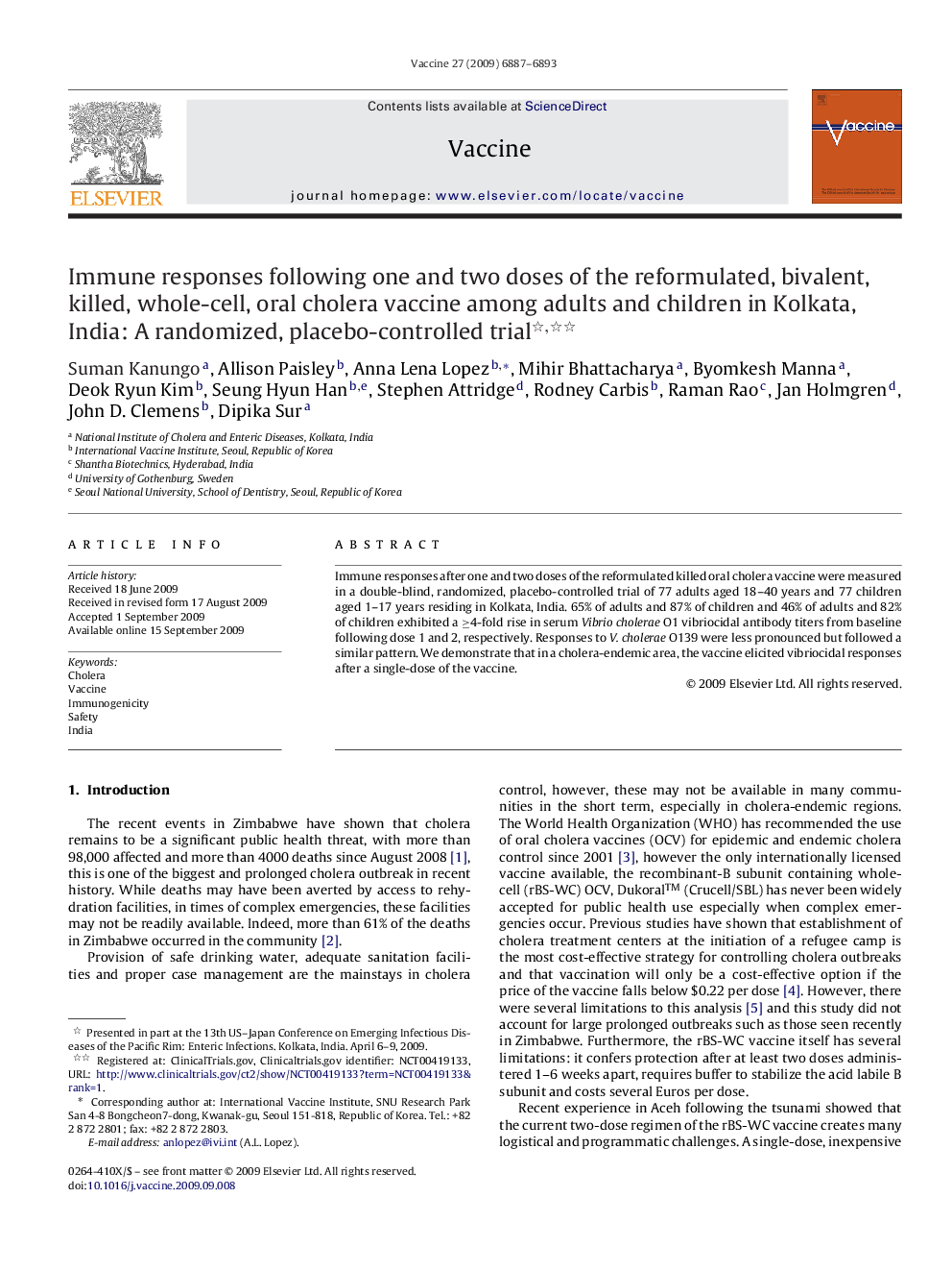 Immune responses following one and two doses of the reformulated, bivalent, killed, whole-cell, oral cholera vaccine among adults and children in Kolkata, India: A randomized, placebo-controlled trial