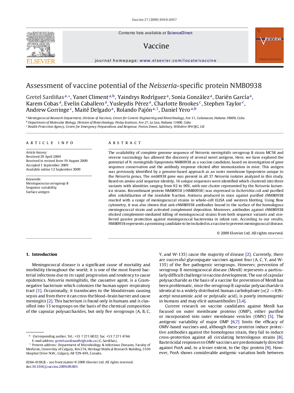 Assessment of vaccine potential of the Neisseria-specific protein NMB0938