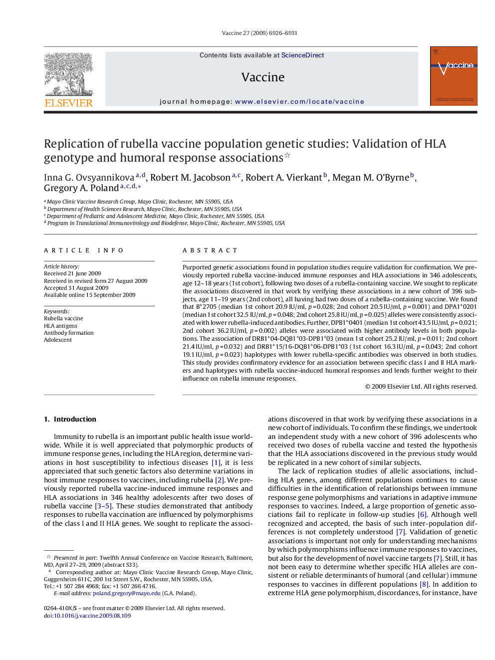 Replication of rubella vaccine population genetic studies: Validation of HLA genotype and humoral response associations