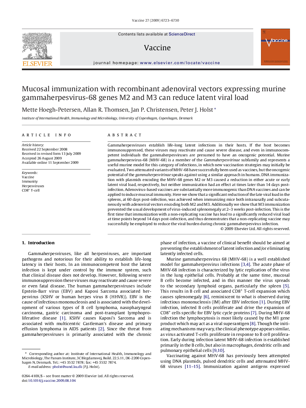 Mucosal immunization with recombinant adenoviral vectors expressing murine gammaherpesvirus-68 genes M2 and M3 can reduce latent viral load