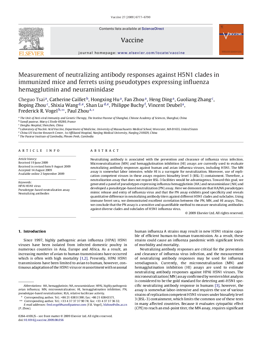 Measurement of neutralizing antibody responses against H5N1 clades in immunized mice and ferrets using pseudotypes expressing influenza hemagglutinin and neuraminidase