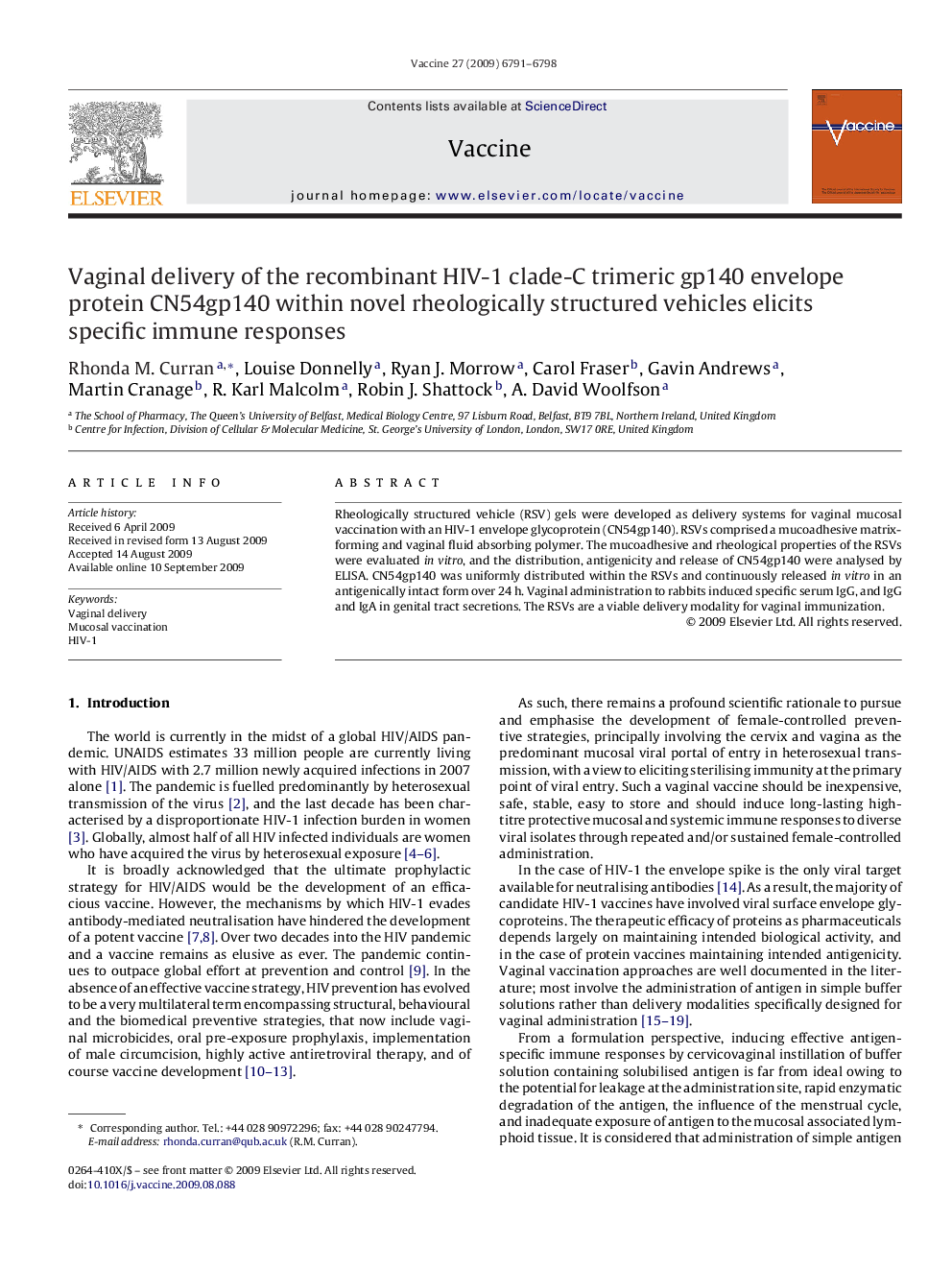 Vaginal delivery of the recombinant HIV-1 clade-C trimeric gp140 envelope protein CN54gp140 within novel rheologically structured vehicles elicits specific immune responses