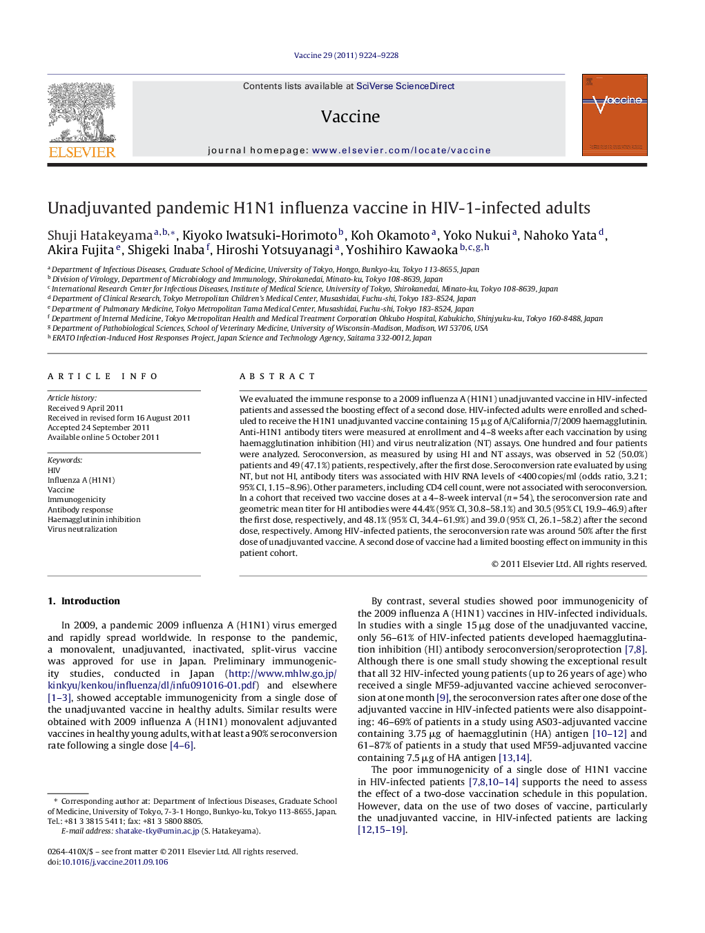 Unadjuvanted pandemic H1N1 influenza vaccine in HIV-1-infected adults