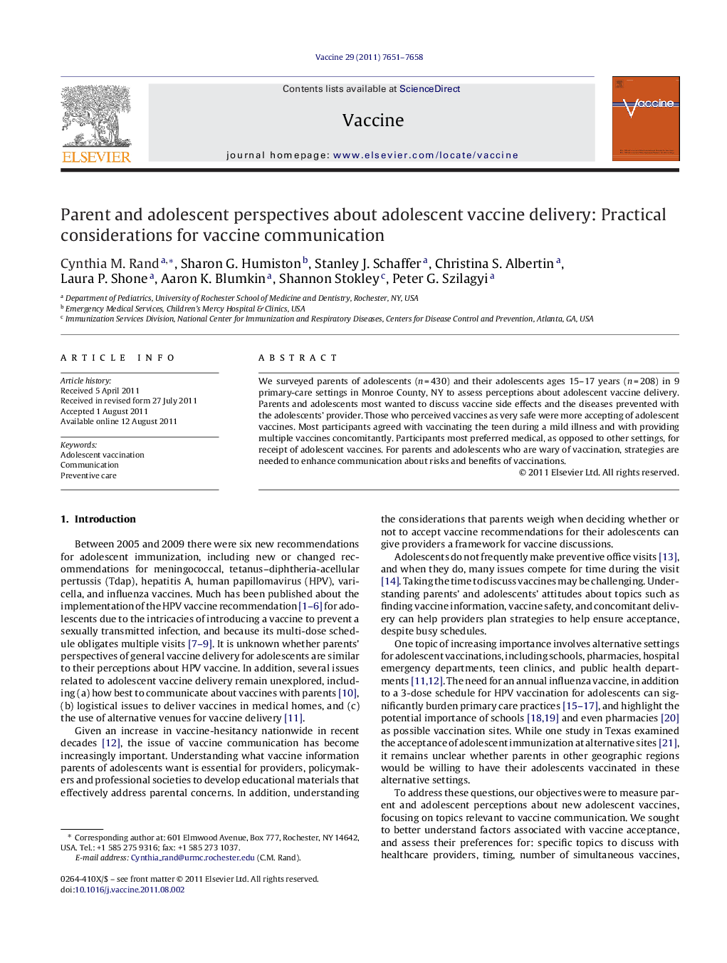 Parent and adolescent perspectives about adolescent vaccine delivery: Practical considerations for vaccine communication