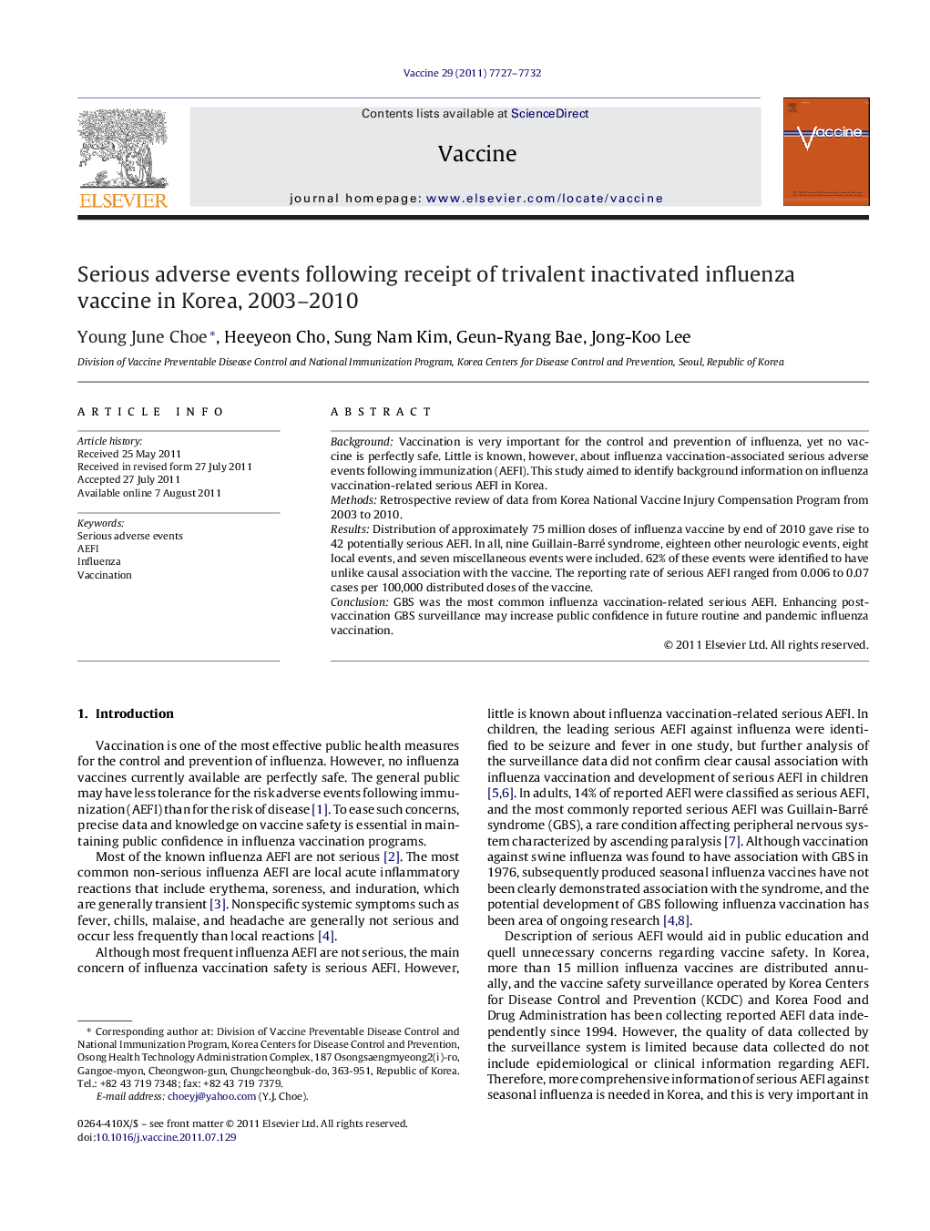 Serious adverse events following receipt of trivalent inactivated influenza vaccine in Korea, 2003-2010